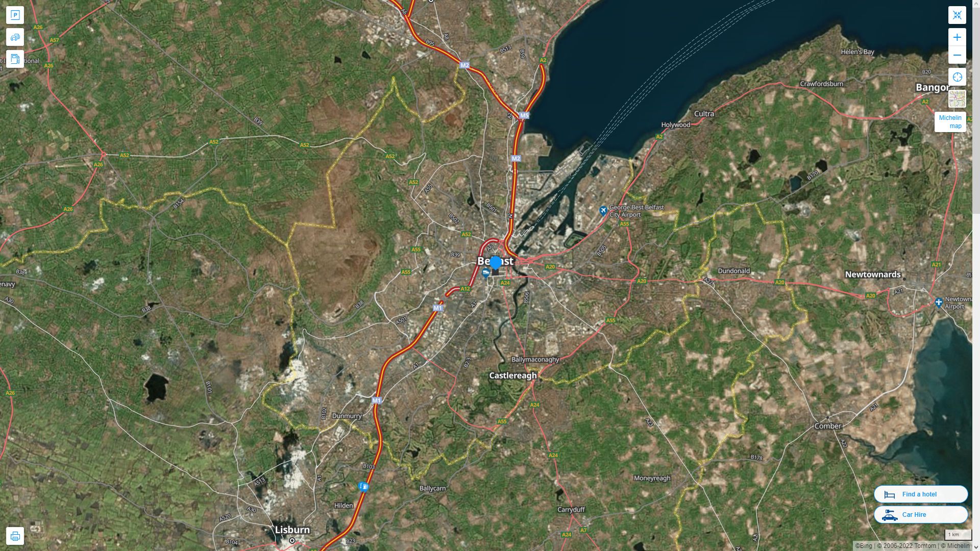 Belfast Royaume Uni Autoroute et carte routiere avec vue satellite